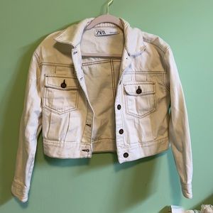 Zara white cropped jacket w/ brown stitching
